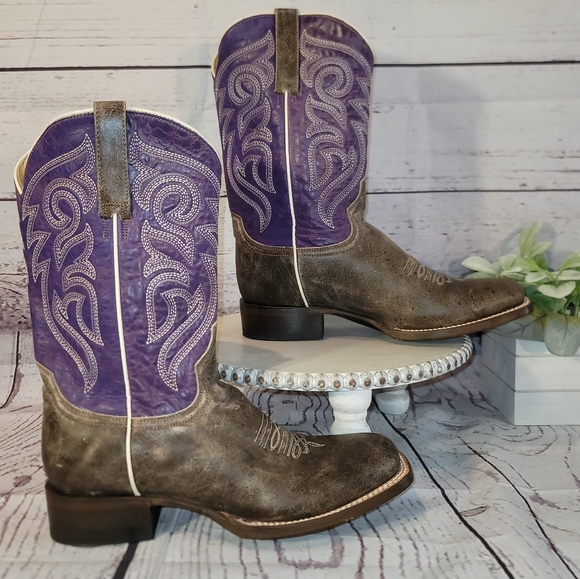 New NWOT Roper Women's Distressed Brown & Purple Leather Square Toe Boots Sz 8.5 - Picture 2 of 16